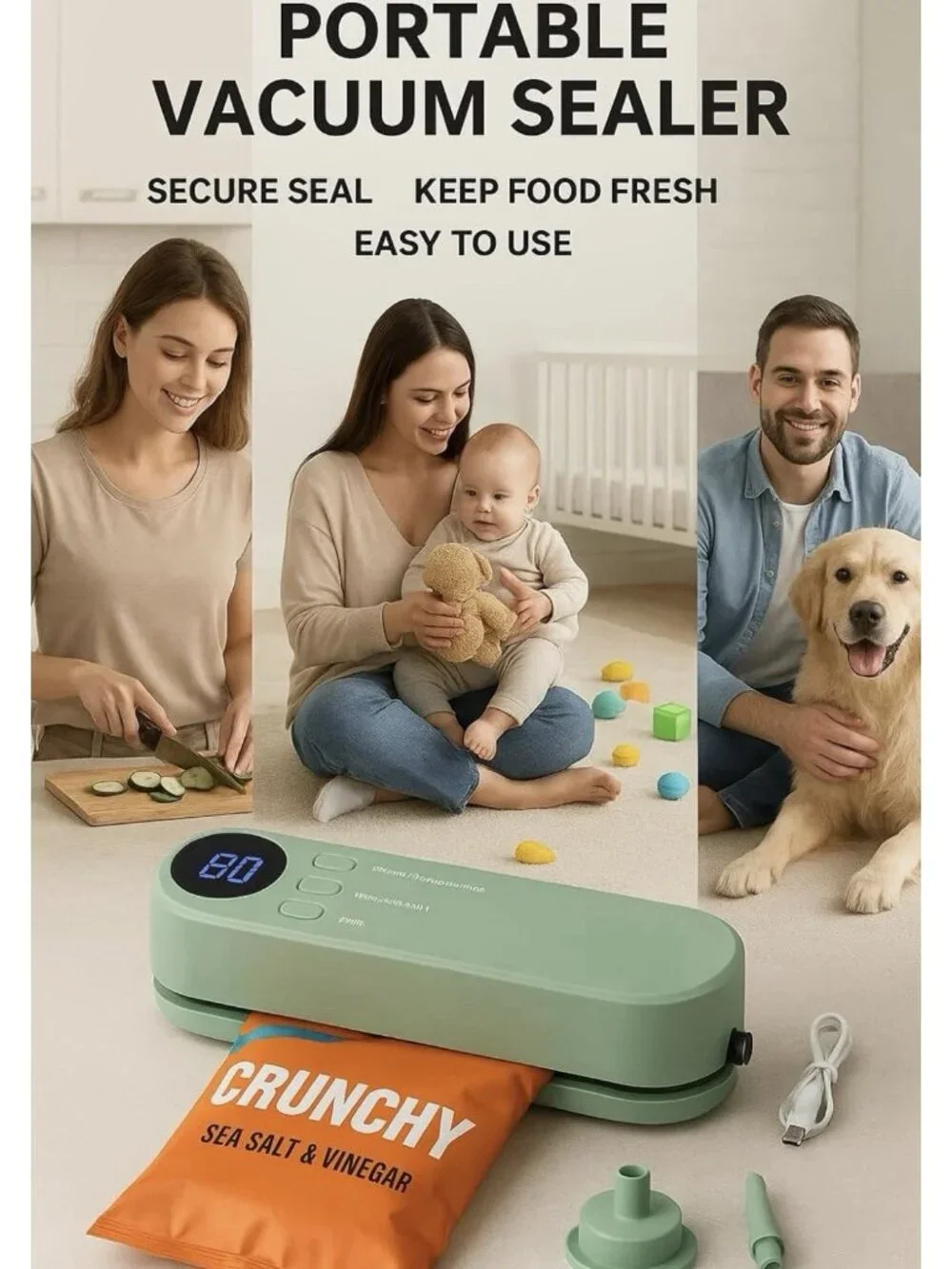 Mini Vacuum Sealer Rechargeable Food Saver w/ Inflation Pump, Needle & Nozzle